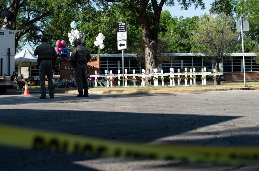 Memorial with crosses dedicated to the victims of the shooting at Robb Elementary School, May 26, 2022. Photo via Shutterstock