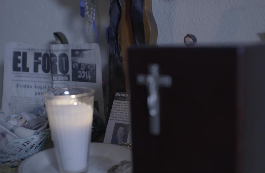Pacheco’s altar in his family's home in Toluca displays the weekly newspaper he founded, El Foro de Taxco. Photo by Paola Macedo for documentary "Dos relámpagos al alba" by Ojos de Perro vs la Impunidad.