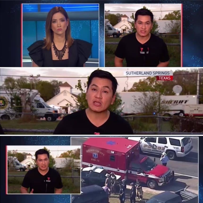 Reporter Víctor Hugo Rodríguez in liveshots during coverage of the First Baptist Church shootings in Sutherland Springs, Texas. Courtesy Víctor Hugo Rodríguez