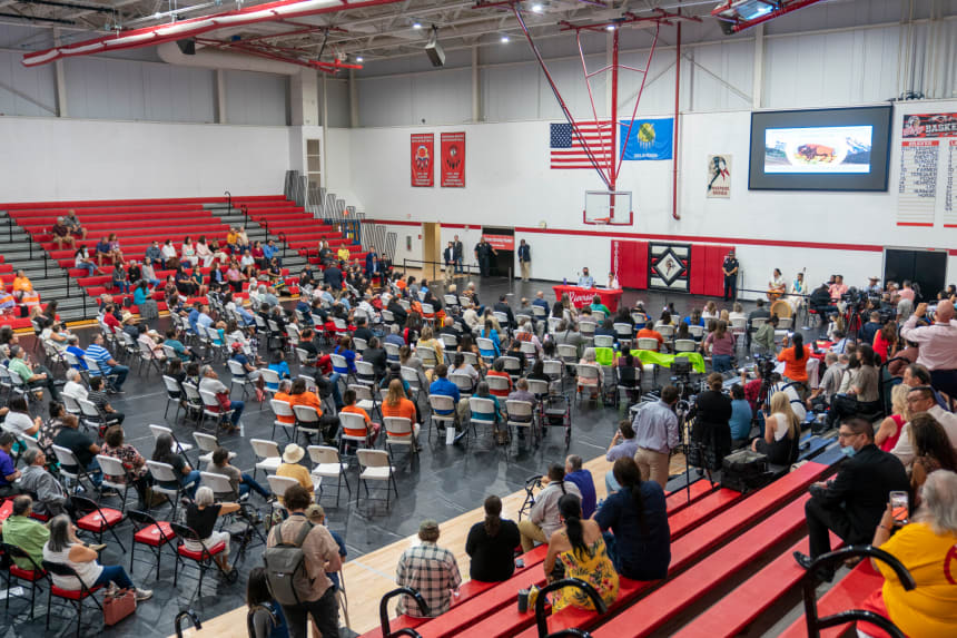 Hundreds gather in the Riverside Indian School gymnasium to meet with Secretary of Interior Deb Haaland. Nick Oxford for The Imprint