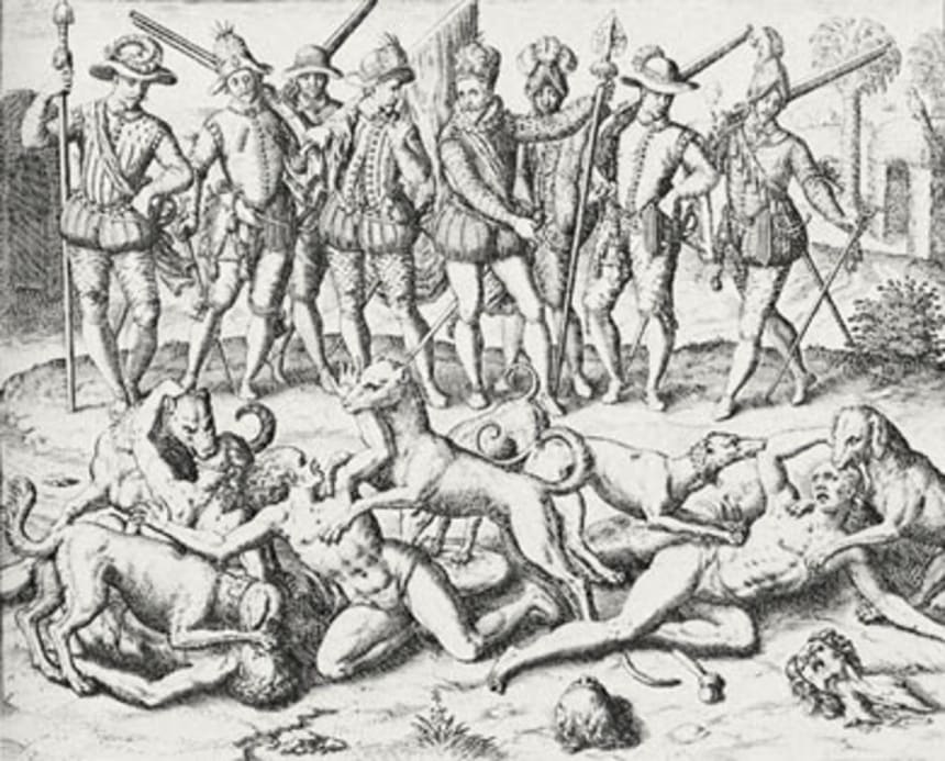 The soldiers of invading Spanish conqueror Vasco Nunez de Balboa watch as entertainment as indigenous “gay-queer men” are torn apart and eaten alive by ravenous war dogs in 1513 Panama.