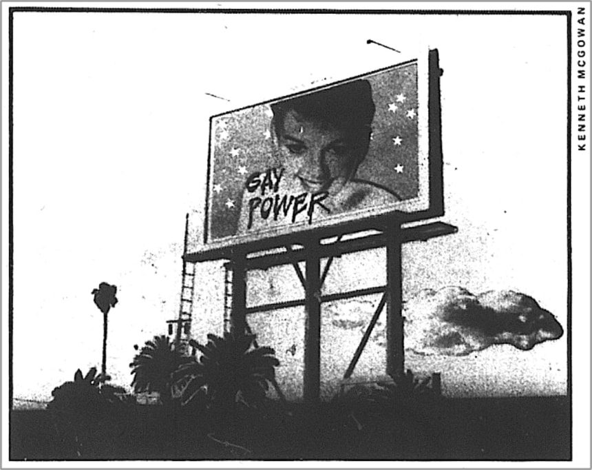 1969 Judy Garland memorial billboard on Sunset Blvd. in Hollywood. Protest photo in L.A. Free Press Supplement by GLF artist-member Kenneth McGowan.