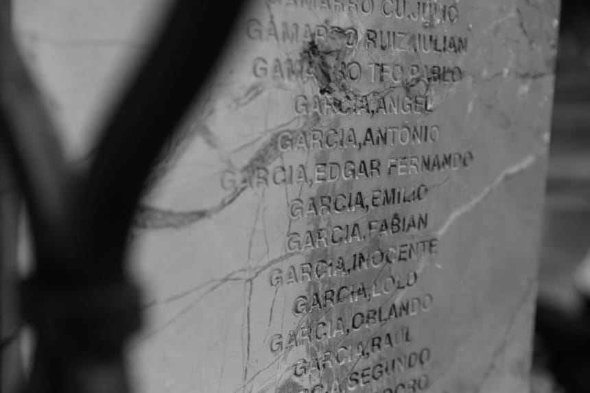Edgar Fernando García’s name is engraved on one of the pillars outside the Catedral Metropolitana de Santiago de Guatemala in Guatemala City. Photo by Zaydee Sanchez for palabra