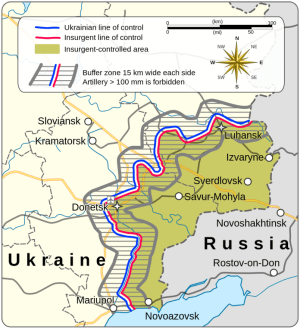 The border between post-coup Ukraine and the Donetsk and Luhansk People’s Republics, based on the Minsk Agreements. Map credit: Wikipedia