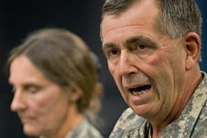 Gen. Peter W. Chiarelli briefs the media on Nov. 17, 2009, at the Pentagon. On Wednesday, he defended the military's care of soldiers suffering from brain injuries. (Paul J. Richards/AFP/Getty Images)