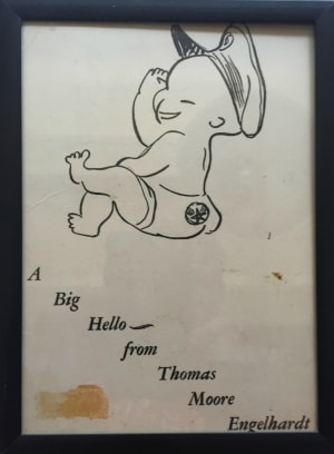 My mother welcomes me into a world still at war, July 20, 1944. My birth announcement drawn by “Selz.”