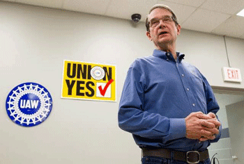 United Auto Workers President Bob King speaks to the media after workers at a Volkswagen factory voted against union representation in Chattanooga, Tenn., on Friday, Feb. 14, 2104. (AP Photo/Erik Schelzig)