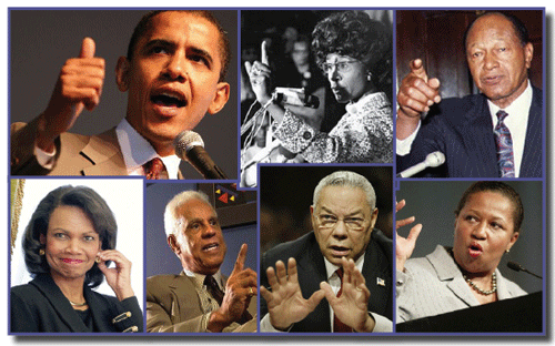 Clockwise from upper left: Barack Obama, Shirley Chisholm, Tom Bradley, Carol Moseley Braun, Colin Powell, Doug Wilder, Confoleezza Rice
