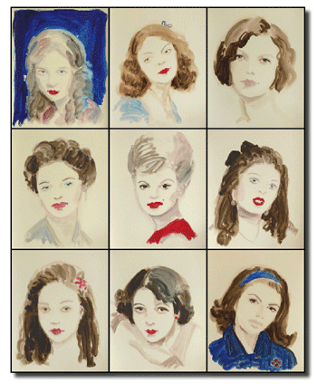 All the Presidents' Girls: 1st row: Alice Glass, Carrie Phillips, Nan Britton. 2nd row: Dorothy Schiff, Ellen Romesch, Paula Jones. 3rd row: Sally Hemmings, Kay Summersby, Judith Exner. Annie Kevans paintings (www.anniekevans.com)