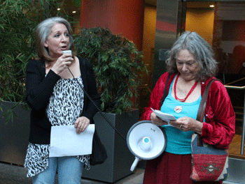 Pamela Zuppo of the San Francisco chapter of 350.org (left) slammed Jerry Brown for signing the green light to fracking bill.