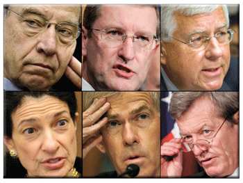 Senate Finance "Gang of Six," clockwise from upper left: Chuck Grassley, R-Iowa; Kent Conrad, D-North Dakota;Mike Enzi, R-Wyoming., Chairman Max Baucus, D-Montana, Jeff Bingaman, D-New Mexico; and Olympia Snowe R-Maine.