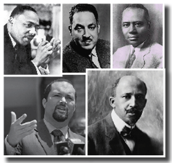 Clockwise from upper left: Martin Luther King, Jr., Thurgood Marshall, Charles Hamilton Houston, W.E.B. DuBois, and Benjamin Jealous