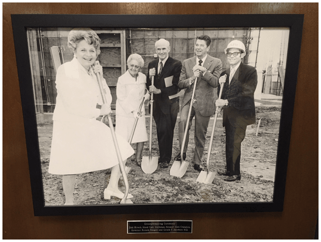 Didi Hirsh, Unknown, Sen. Alan Cranston, Gov. Ronald Reagan, Dr. Gerald F. Jacobson at groudbreaking ceremony, Didi Hirsch Community Mental Health Center, Culver City, California, April 1973