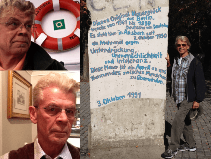 Upper left: Rainer shipboard in Europe, Bottom left; Selfie, Right: Rainer in Germany at wall fragment