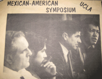 Panel at Mexican American Symposium at UCLA Grand Ballroom late February 1968 (l-r) Bert Corona of then with Mexican American Political Association (MAPA) Luis Valdez of United Farmworkers Teatro Campesino, Reies Lopez Tijerina of the Alianza, and Rodolfo "Corky" Gonzalez of the Crusade for Justice (Denver).