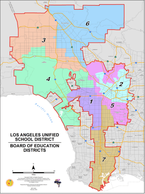 Figure 1: 2021 Redistricting of LAUSD’s political boundaries. The previous decade’s political gerrymandering of its eastern section remains, dividing Asian communities and parsing the Latino. The northeast Valley is artificially conjoined with its urban westside, south of the Santa Monica mountains wilderness area. This new redistricting is presented for political context; all data here are analyzed according to the previous decade’s political boundaries which were in effect at the time of these counts.