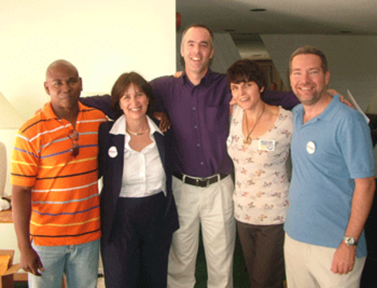 Marcy Winograd, with supporters Ahjamu Makalani, Patrick Briggs, Maddie Gavel-Briggs, and Kevin Lynn