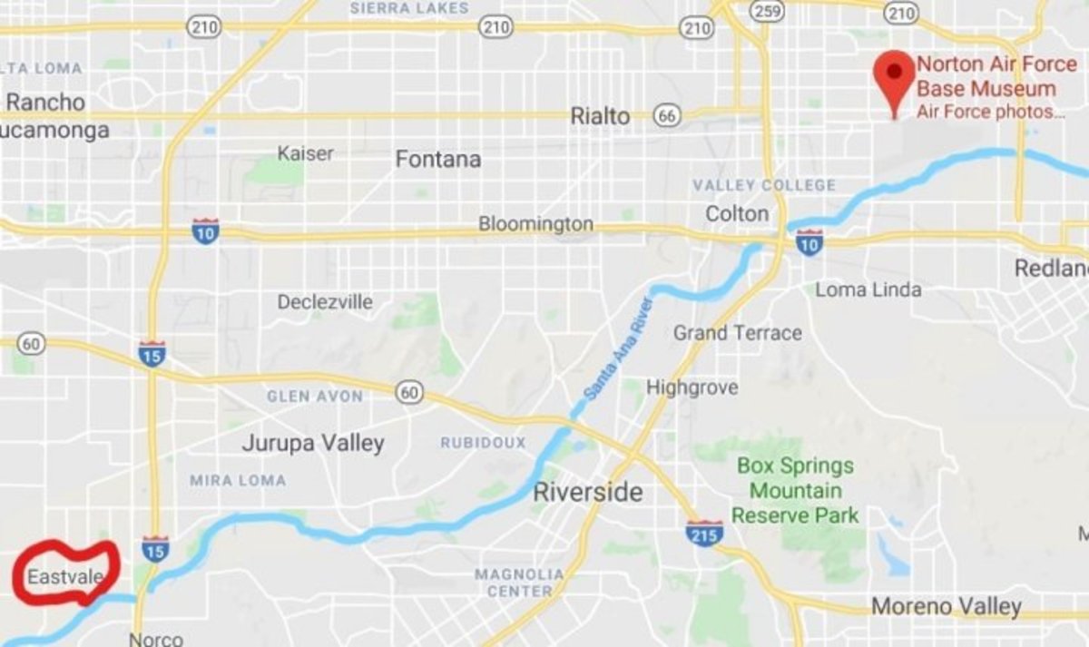 Let's follow the Santa Ana River downstream 20 miles from the former Norton Air Force Base, where the river winds just 2,000 feet from old fire-training areas, to Eastvale