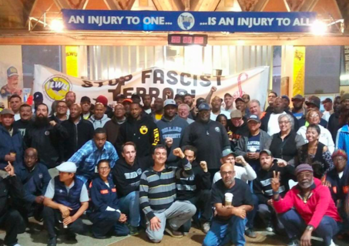 ILWU Local 10 members gather to denounce fascism and white supremacy. Courtesy of Ed Ferris, ILWU Local 10 President.