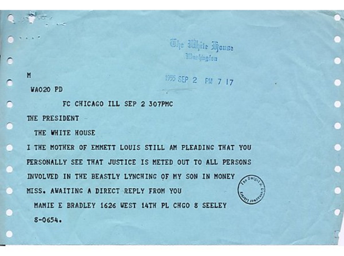 Photo credit: A telegram from Emmett Till’s mother, Mamie Till-Mobley, to President Dwight D. Eisenhower requests justice in the investigation of her son’s death. The White House did not respond. [Image courtesy Dwight D. Eisenhower Presidential Library, eisenhower.archives.gov)