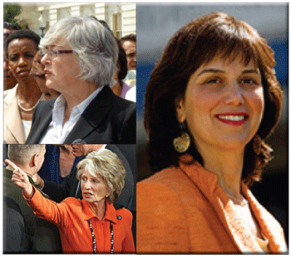 Rep. Lynn Woolsey (D-Marin) top left; Rep. Jane Harman (D-Palos Verdes) bottom left; Candidate Marcy Winograd, right.