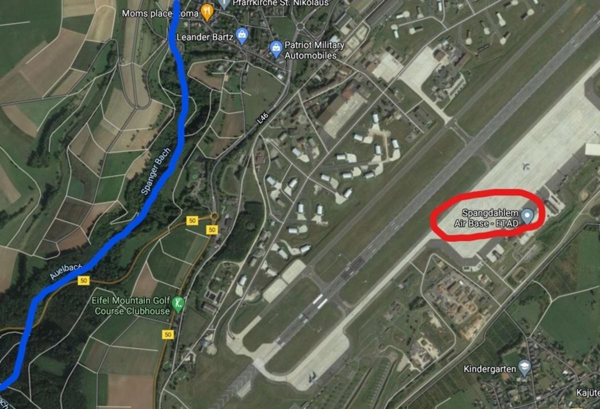 Spanger Bach, on the west side of the runway, drains contaminants from Spangdahlem NATO Air Base