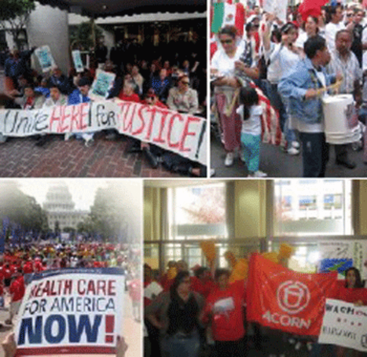 Clockwise from top: UNITE-HERE protests Hyatt; Immigration Rally in 2006; ACORN protests Wachovia; HCAN rally