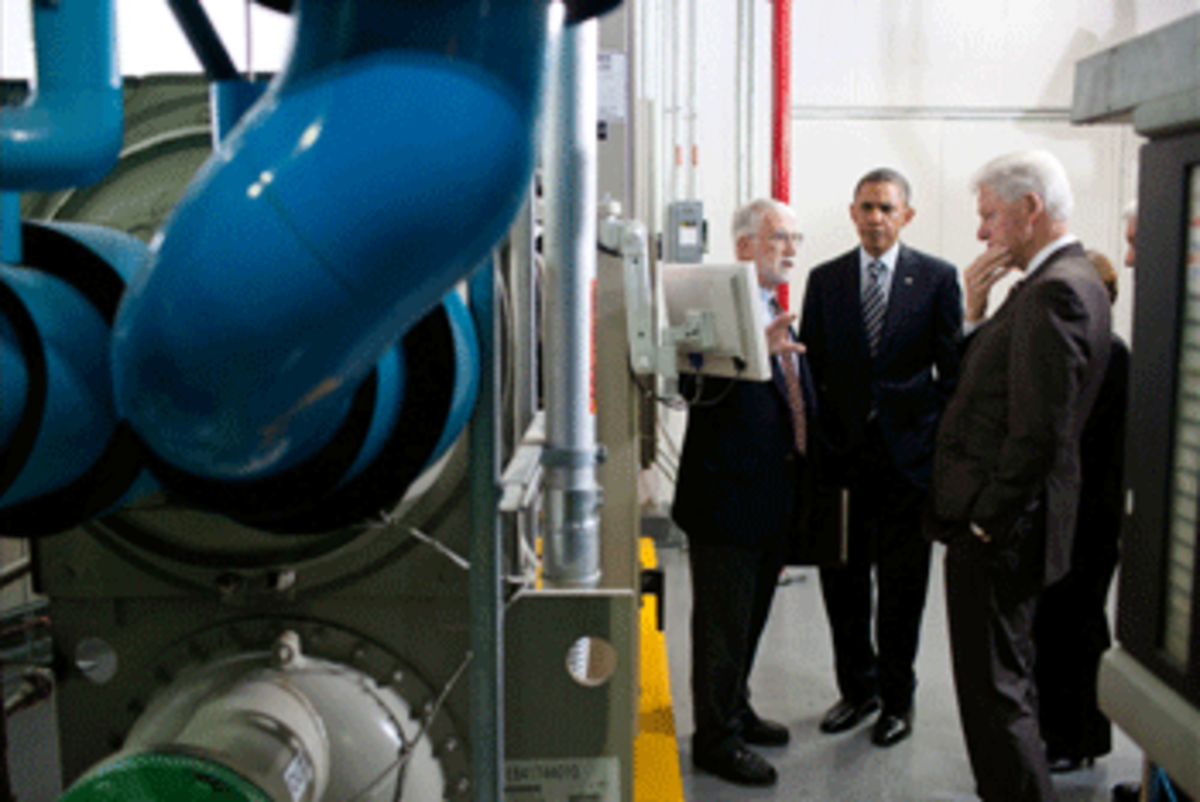 Barack Obama and Bill Clinton listen as Gary Le Francois, Senior Vice President and Director of Engineering, leads them on a tour of the Transwestern Building in Washington, D.C. (Photo by Pete Souza)