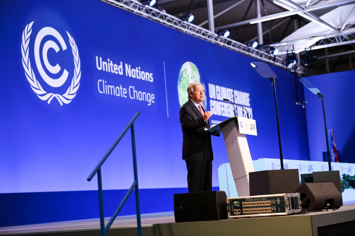 Antonio Guterres, Secretary-General of the United Nations, speaks at the Opening Ceremony for Cop26 at the SEC Glasgow. Photograph: Karwai Tang/ UK Government