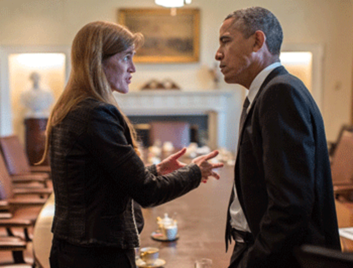 President Obama talks with UN Amb. Samantha Power. (White House photo: Pete Souza)