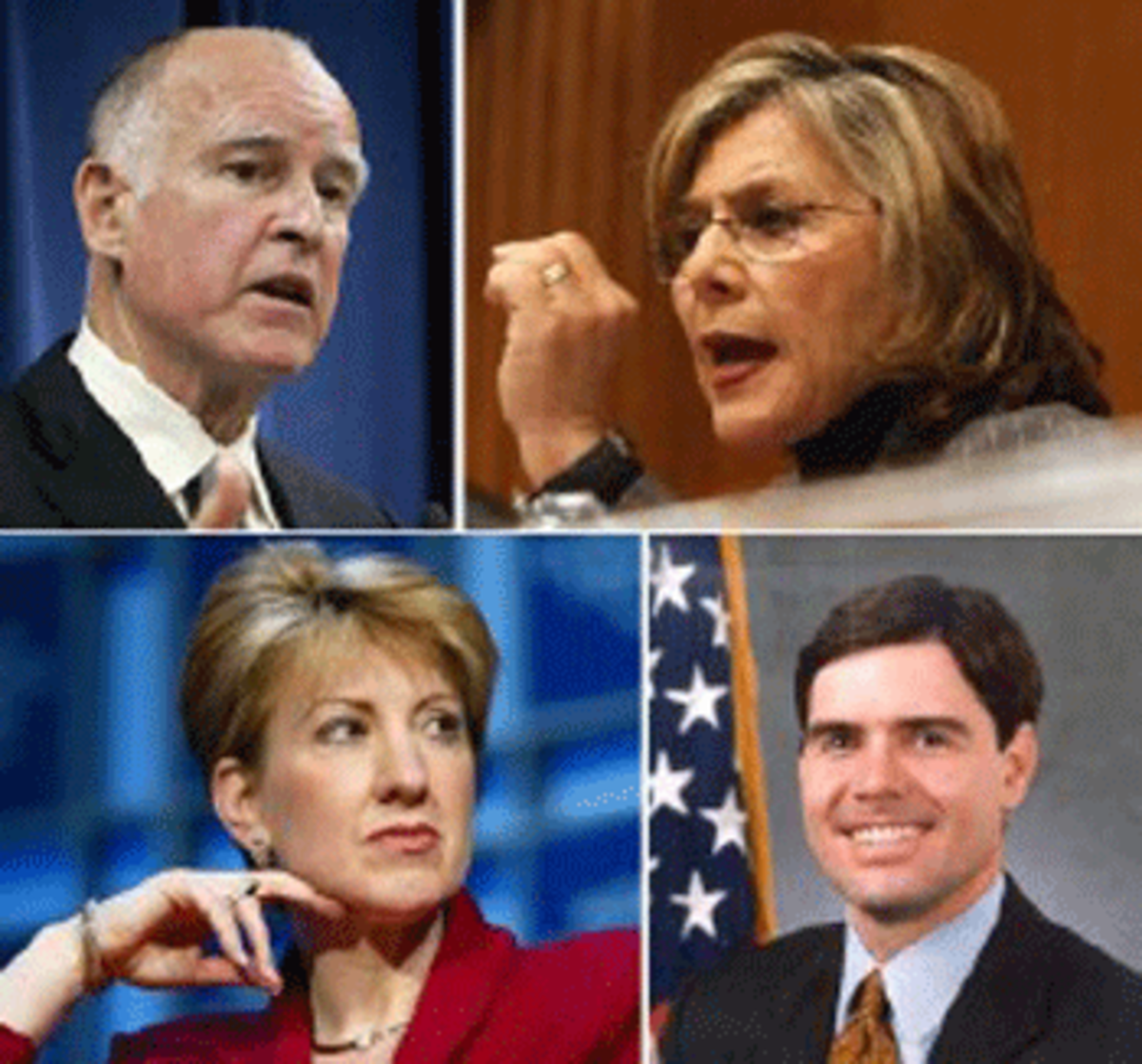 Clockwise from top: Jerry Brown, Barbara Boxer, Bill Halter & Carly Fiorina