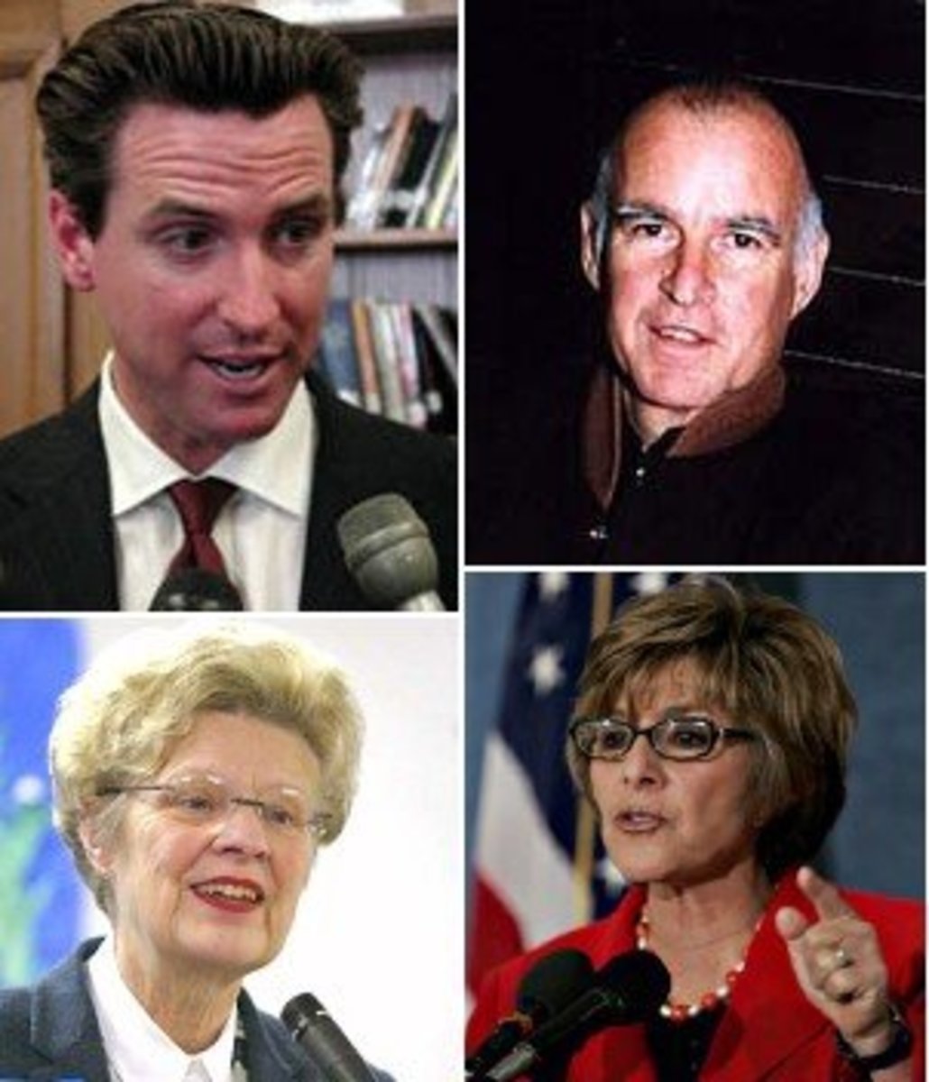Clockwise from top: Gavin Newsom, Jerry Brown, Barbara Boxer and Louise Renne.