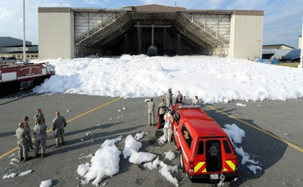 An overhead suppression system at Dover AFB accidentally discharged PFAS-laden foam in 2013. A teaspoon of the material could poison a city’s drinking reservoir.