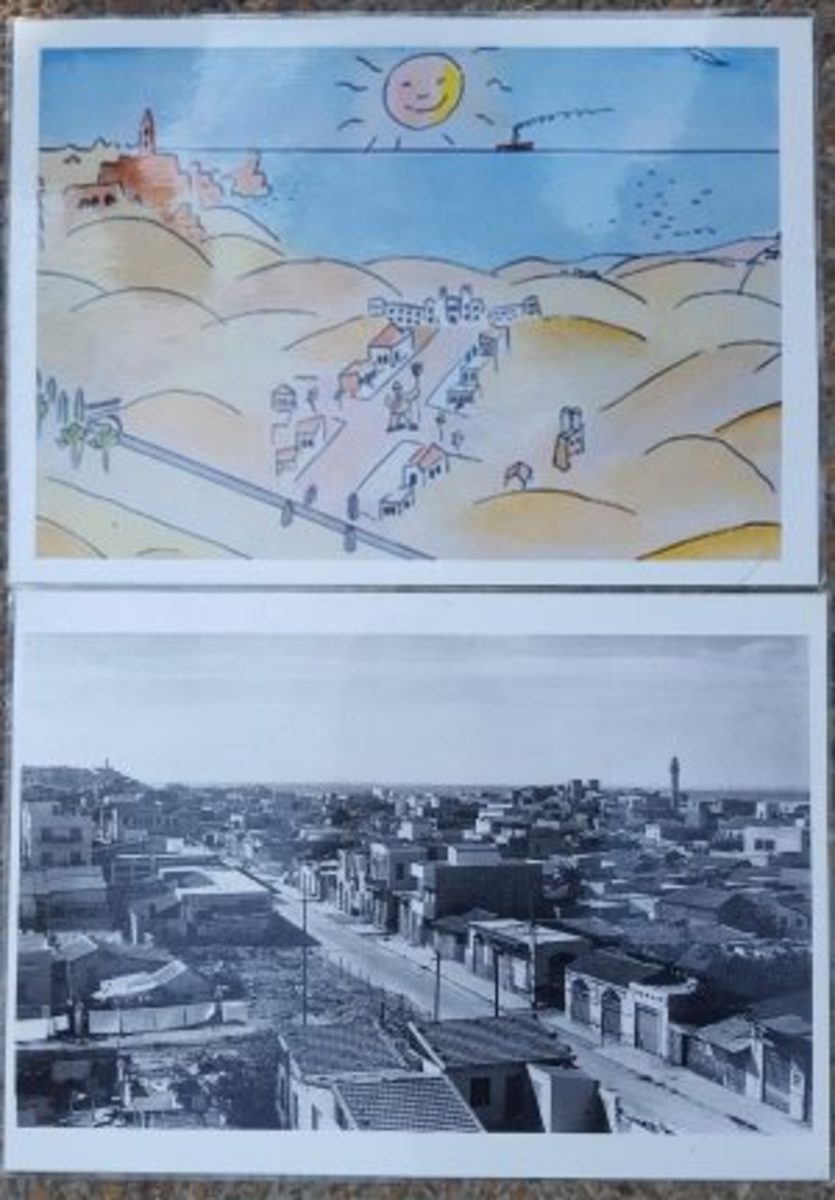  Jaffa, above as depicted by Gutman and below as the crowded Arab city that actually existed. Photo by Margaret Flowers.