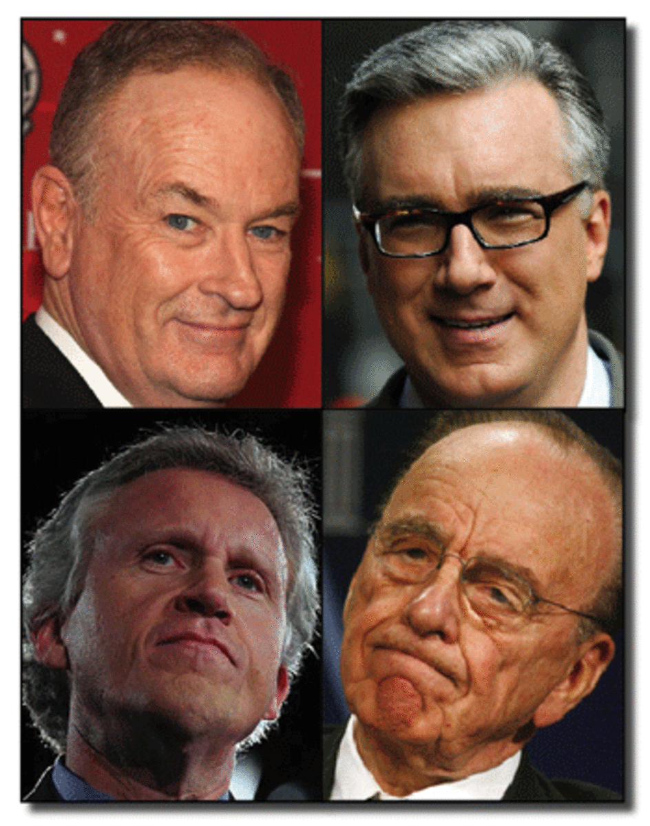 Bill O'Reilly, Keith Olbermann, Rupert Murdock, and Jeff Immeldt (clockwise from top left)