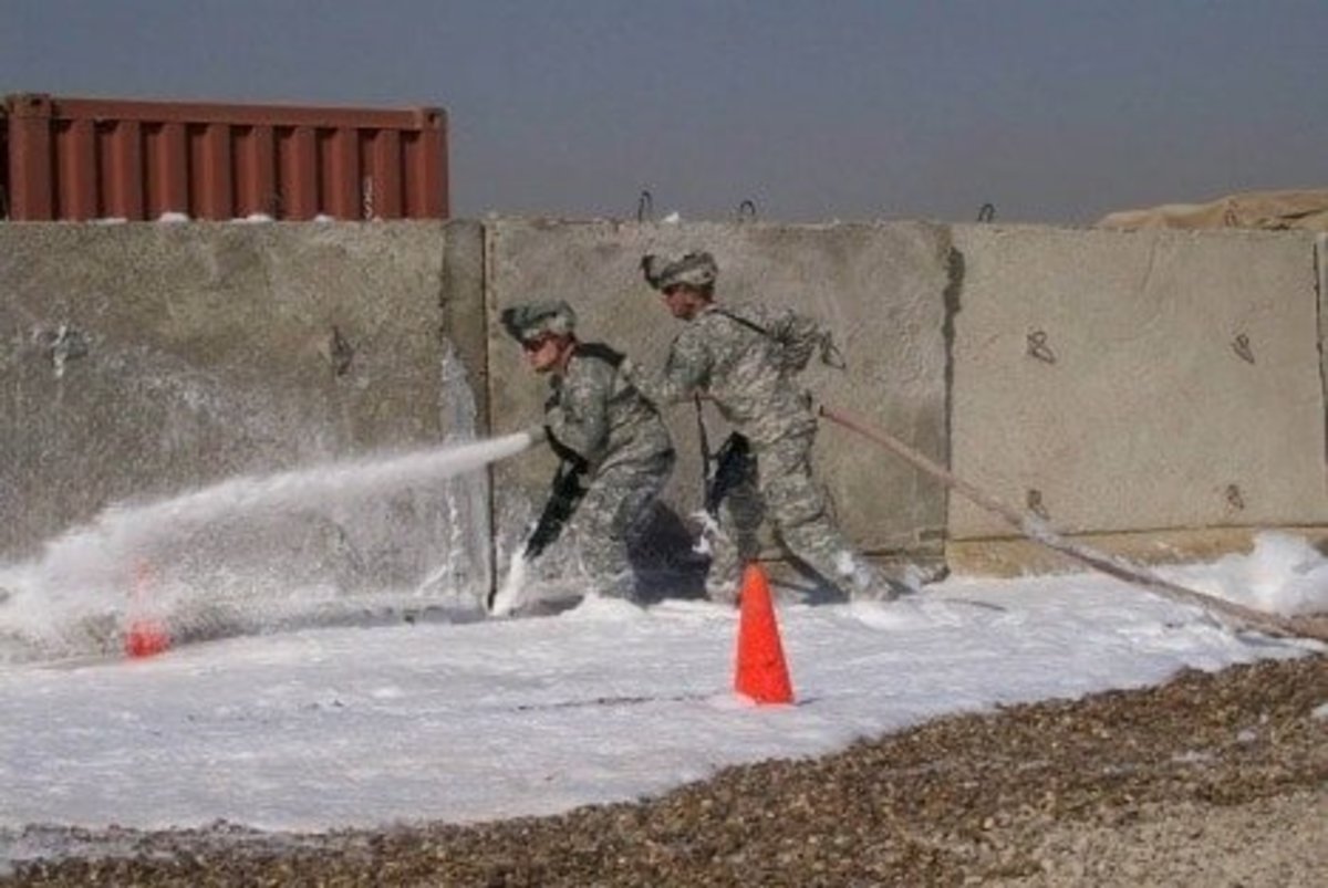 Army firefighters train using foam aqueous film-forming foam, (AFFF) containing PFAS. (U.S. Army photo by Spc. Benjamin Donahue, distributed through Wikimedia Commons)
