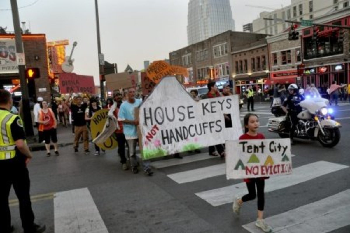 In April of 2016, Nashville activists rallied on Public Square and marched through downtown to the Fort Negley homeless encampment in an attempt to prevent the imminent arrest or evictions of the residents. (Alvine)