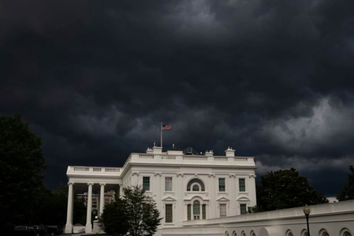 WASHINGTON, DC - JUNE 25: Storm clouds are seen near the White House Thursday evening on June 25, 2020 in Washington, DC. President Donald Trump traveled to Wisconsin on Thursday for a Fox News town hall event and a visit to a shipbuilding manufacturer. (Photo by Drew Angerer/Getty Images)