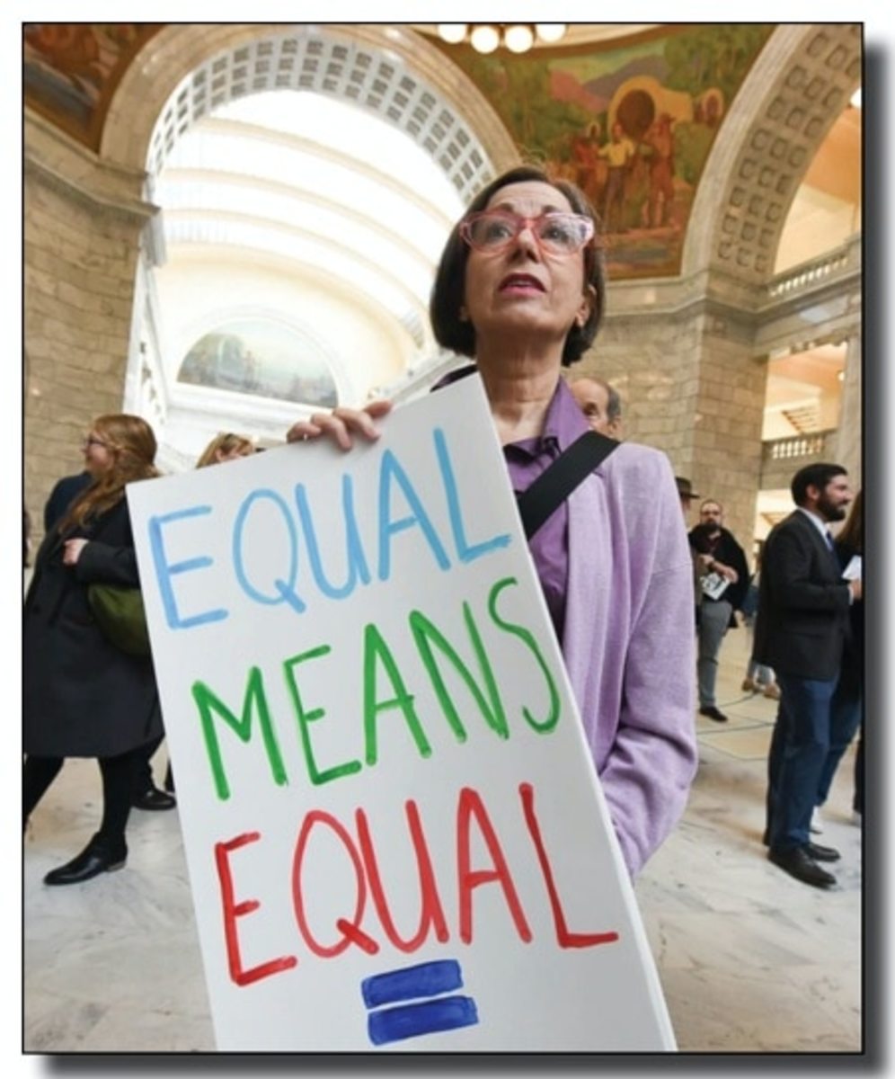 Susan Radtke with Fair Utah joins other local supporters of the Equal Rights Amendment as they rally at the Utah Capitol on Tuesday, Dec. 3, 2019, to encourage Utah to ratify the ERA. (Francisco Kjolseth | The Salt Lake Tribune)