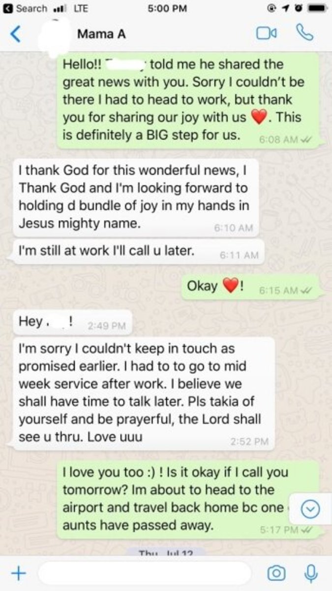 WhatsApp screen shot between Tunde Ogunade’s wife and her mother-in-law.