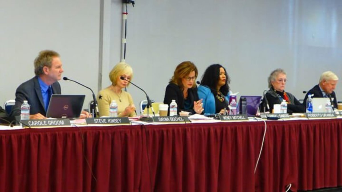 Coastal Commission members at the dais in Santa Monica in March 2016. Here Wendy Mitchell, center, tries to explain why she voted to fire Dr. Charles Lester the month before. She is flanked by Dayna Bochco and Steve Kinsey on the left and Effie Turnbull-Sanders, Martha McClure and Greg Cox on the right. Photo by Jack Eidt.