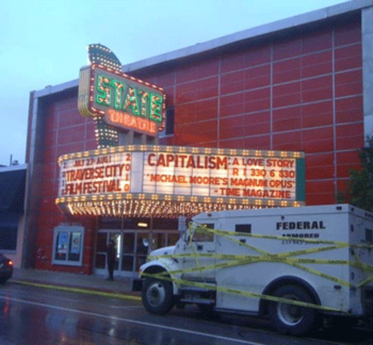 Outside a Traverse City, Michigan, theatre. Photo courtesy MichaelMoore.com.