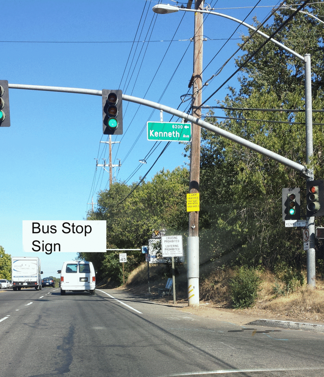 Note the lack of sidewalks connecting this "bus stop" to nearby residences.