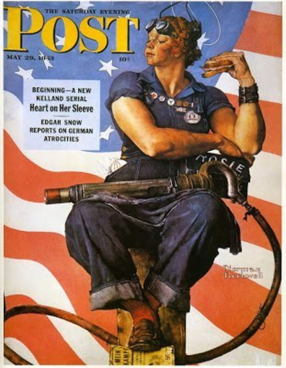 Norman Rockwell's "Rosie the Riviter" cover for the Saturday Evening Post magazine is a WW II icon.