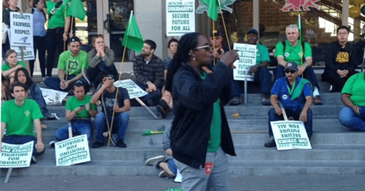 Jovanka Beckles, a Teamster member, Richmond city councilor, and current state assembly candidate, in the Bay Area, speaking at rally with AFSCME-represented campus workers at UC-Berkeley.