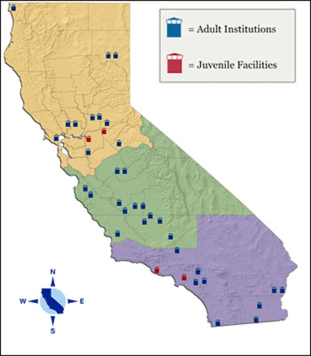 Map of in-state prisons run by the California Department of Corrections and Rehabilitation. For the CDCR website with mouse-over option for facility details, click on the image. (CDCR map)