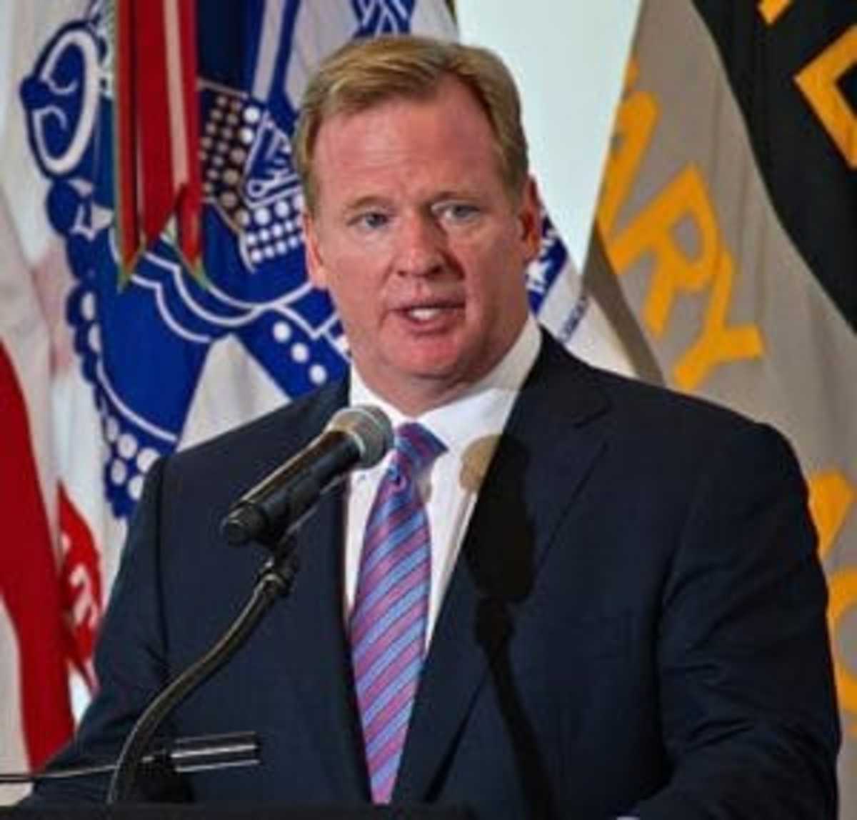 National Football League (NFL) Commissioner Roger Goodell delivers remarks during an event at the U.S. Military Academy at West Point, N.Y., launching an initiative between the Army and the NFL to work to raise awareness about traumatic brain injury Aug. 30, 2012. Goodell and U.S. Army Gen. Raymond T. Odierno, the chief of staff of the Army, jointly signed a letter formalizing the initiative during the event. (U.S. Army photo by Staff Sgt. Teddy Wade/Released)