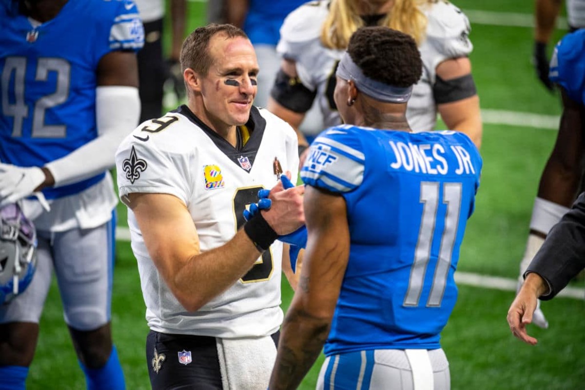 DETROIT, MI - OCTOBER 04: Drew Brees #9 of the New Orleans Saints talks with Marvin Jones #11 of the Detroit Lions after the Detroit Lions lost to the New Orleans Saints at Ford Field on October 4, 2020 in Detroit, Michigan. (Photo by Nic Antaya/Getty Images)