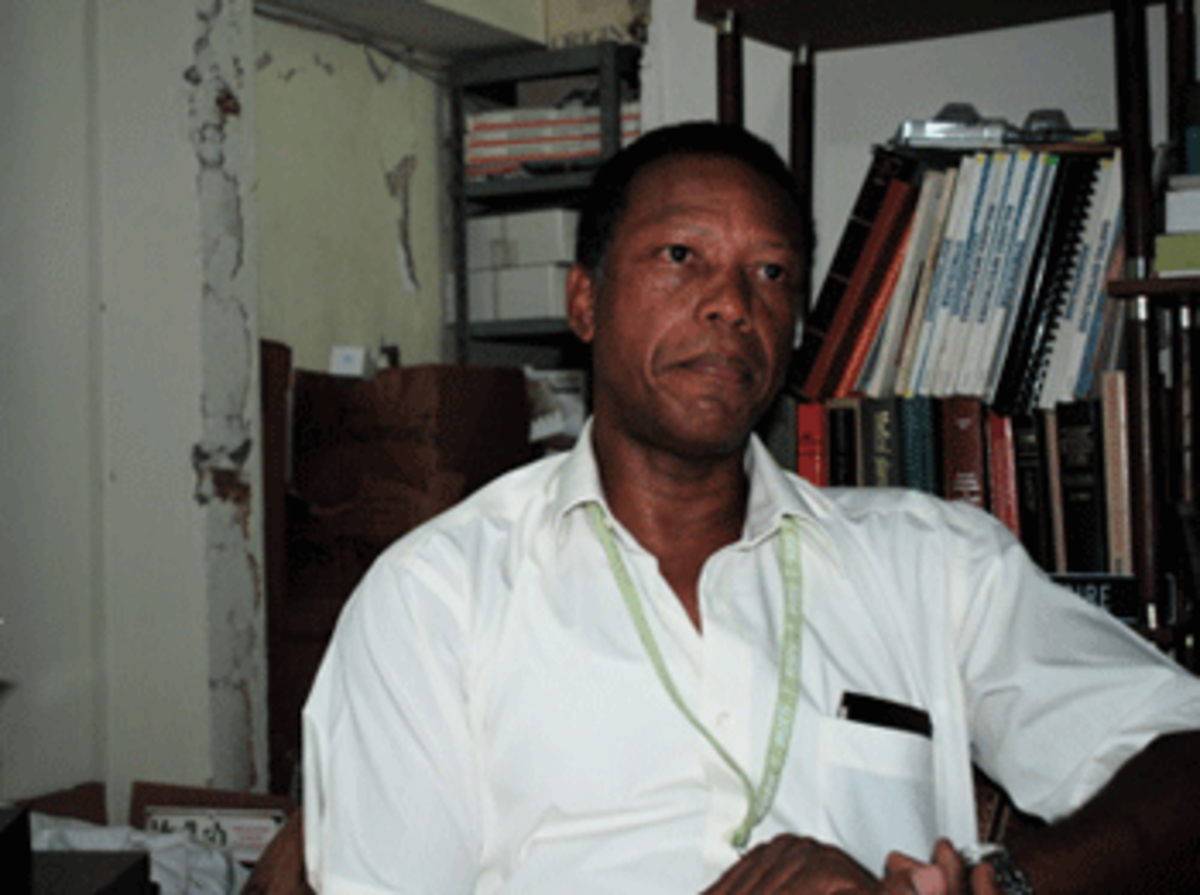 Dr. Louis-Franck Telemaque, Chief of Surgery, in what remains of his office at Hopital De L'Universite D'Etat D'Haiti.