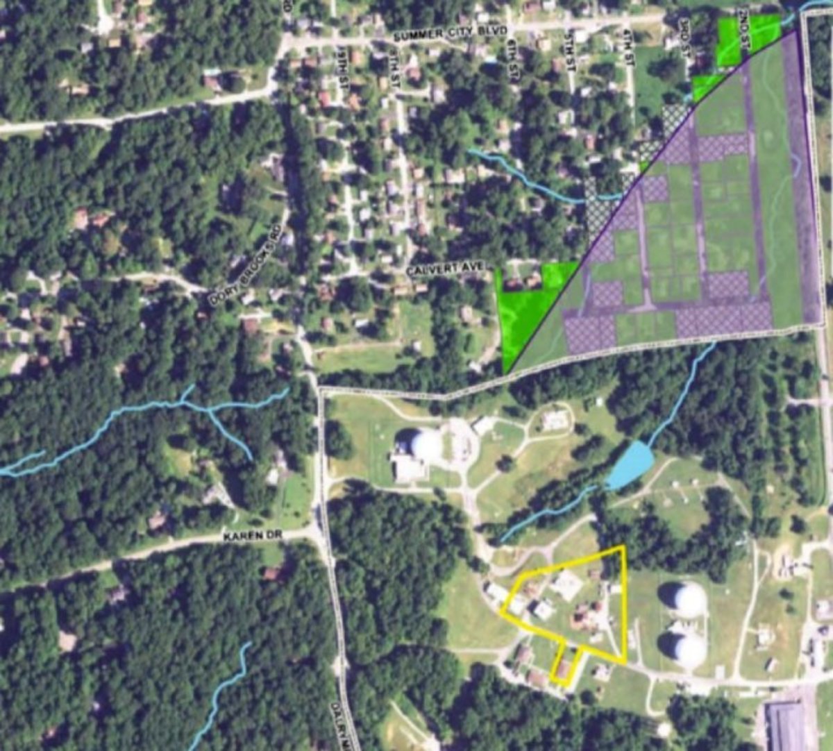 Although carcinogenic plumes may travel for miles, the Navy did not test private wells just 1,000 feet from the burn area. The testing area is shown in the green triangle. The burn area is shown in yellow.